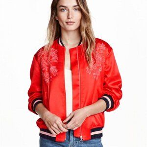 New H&M Red Floral Embroidered Striped Bomber Jacket